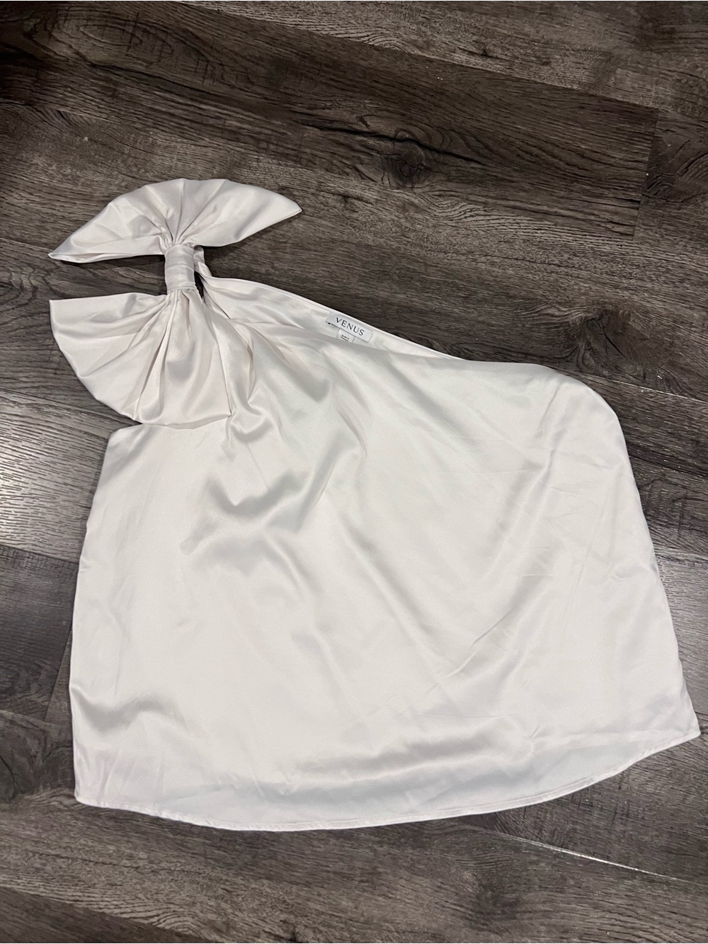 VENUS Satin White One-Shoulder Top with Draped Detail